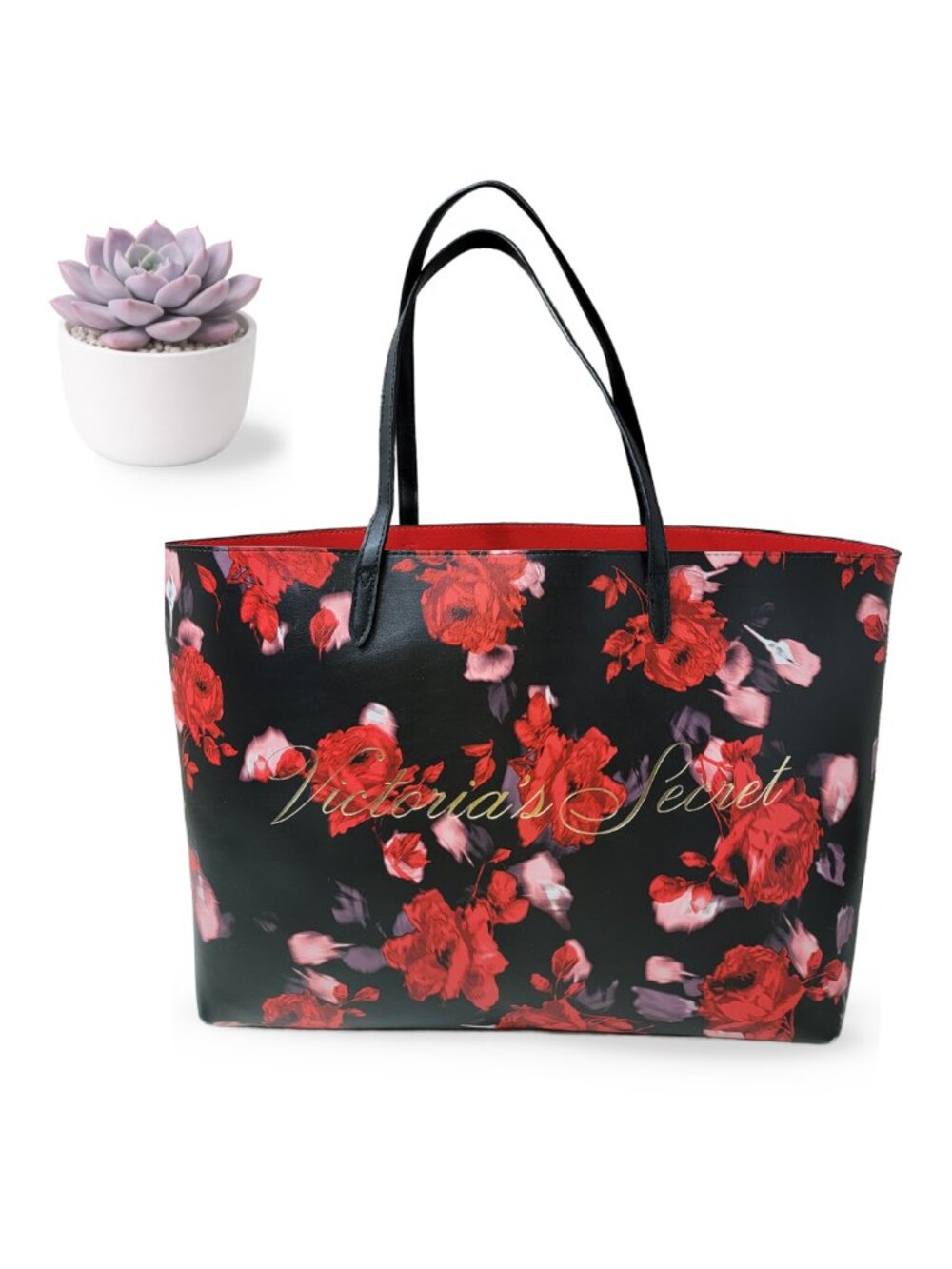 Victoria's Secret Floral Rose Tote Large Black Red Gold Logo Shoulder Beach Bag